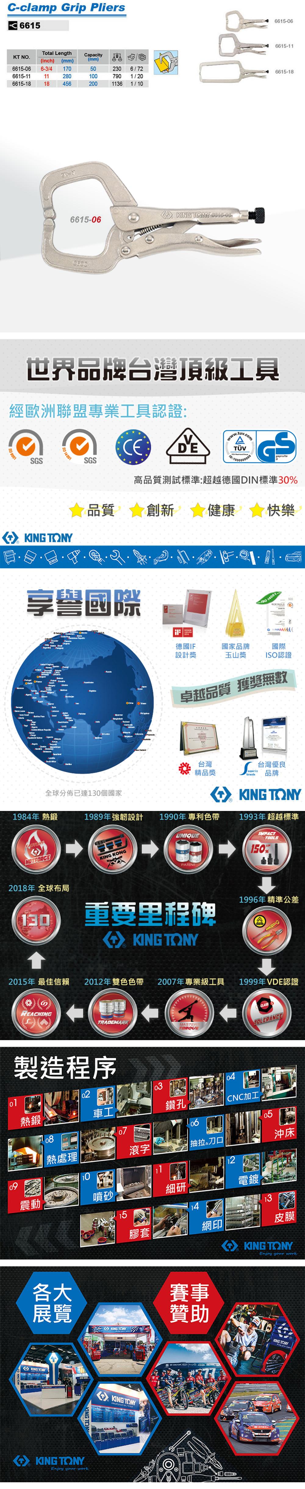 -clamp Grip Pliers66156615-066615-11otal ength OCapacity(inch) (mm)(mm)6615-06 6-3/4 170502306/726615-186615-111128007901/206615-181845620011361/10  6615-06世界品牌台灣頂級工具經歐洲聯盟專業工具認證 90SGS 14001 .tuv.com/DE+geprufte10:SGS高品質測試標準:超越德國DIN標準30品質創新健康快樂享譽國際    L T wwwNC   K全球分佈已達130個國家 14001.德國IFT國家品牌國際設計獎玉山獎ISO認證卓越品質 獲獎無數台灣精品獎brands台灣優良品牌 TONY1984年 熱鍛1989年強韌設計 1990年 專利色帶FACTORY1993年超越標準UNIQUEKING TOOLS150%PATENT2018年 全球布局130重要里程碑KING TONY1996年 精準公差2015年 最佳信賴 2012年雙色色帶 2007年專業級工具1999年VDE認證REACHINGTRADEMARKMASTERSTORQUE製造程序CLASSTOLERANCE0103熱鍛車工鑽孔04CNC加工050807熱處理滾字抽拉刀口沖床10震動噴砂細研電鍍15膠套網印皮膜KING TONY 各大展覽KING TONY TKING TONYKING TOKING TONYEnjoy your workKING TONYEnjoy your work賽事贊助KONG TONY