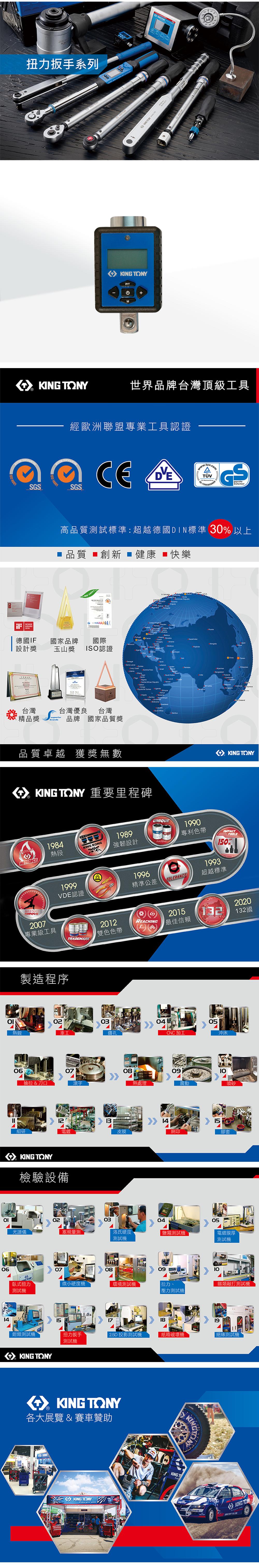 900扭力扳手系列 Y KING TONY世界品牌台灣頂級工具SGS經歐洲聯盟專業工具認證 SGSCESicherheit 14001高品質試標準超越德國DIN標準  以上■ 品質 ■創新健康 快樂30 14001United DESIGN德國IF國家品牌國際 設計獎玉山獎 ISO認證台灣: 精品獎台灣優良 台灣品牌 國家品質獎         品質卓越 獲獎無數 TONY 重要里程碑MASTERSO  KING TONY1984熱段KING KONG1989強韌設計UNIQUEPATENT19991996CLASSVDE認證精準公差TOLERANCE1990專利色帶1993TOOLS150%超越標準2007專業級工具製造程序TRADEMARK2012REACHING雙色色帶2015最佳信賴202132國이030405熱鍛鑽孔CNC加工沖床06140607抽拉&刀口滾字08熱處理09震動噴砂12131415細研皮膜網印膠套KING TONY檢驗設備光譜儀02030405塞規測洛氏硬度測試鹽霧測試電鍍膜厚測試機070809臥式扭力測試機微小硬度機環境測試機拉力、壓力測試機類敲打測試機15171819鉗類測試機扭力扳手 2.5D 投影測試機紙箱機絕緣測試機測試機KING TONYKING TONY各大展覽 & 賽車贊助KINGKING TONYKING TON