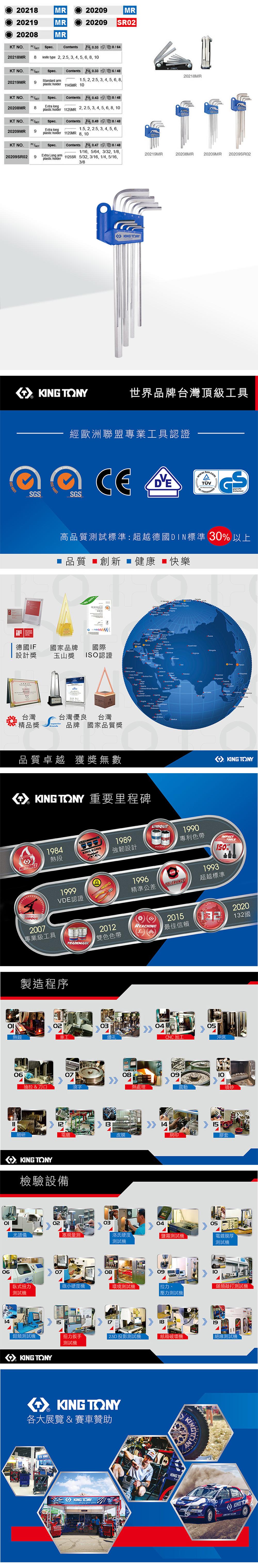 2218MR209MR 219MR20209 20208MRKT N  .20218MR 8Contents0.33 86knife type 2 2.5 3 4 5 6 8 KT NO. Spec.Contents0.33 64820218MR20219MR 9Standard armplastic holder1.5 2 2.5, 3, 4, 5, 6, 8,1145MR KT NO. Spec.Contents 0.438/4820208MR8Extra longplastic holder 1125MR2,2.5,3,4,5,6,8,10KT NO./Spec.Contents0.49 8/4820209MR9Extra longplastic holder1.5, 2, 2.5, 3, 4, 5, 6,1125MR8, 10KT NO./Spec.Contents 0 1/16, 5/64, 3/32, 1/8,20219MR20208MR20209MR 20209SR0220209SR029Extra Long arm 1125SR5/32,3/16,1/4,5/16,plastic holder3/8 900 YG TONY世界品牌台灣頂級工具經歐洲聯盟專業工具認證  SGS14001SGSCE SicherheitAWARD高品質測試標準超越德DIN標準 30% 以上 品質 創新健康快樂 14001   德國IF國家品牌國際設計獎玉山獎 ISO認證台灣台灣優良台灣: 精品獎brands品牌 國家品質獎品質卓越 獲獎無數          KNG TONY 重要里程碑MASTERS O Malaysia KING TONY1984熱段KING KONG1989強韌設計UNIQUEPATENT19991996VDE認證精準公差TOLERANCE1990專利色帶1993TOOLS150%超越標準TORQUE2007專業級工具製造程序TRADEMARK2012雙色色帶2015REACHING 最佳信賴20202132國이02030405熱鍛車工鑽孔CNC加工沖床06140607抽拉  刀口滾字08熱處理0910震動噴砂12131415細研電鍍皮膜網印膠套KING TONY檢驗設備02030405光譜儀塞規量測洛氏硬度測試鹽霧測試電鍍膜厚測試臥式扭力測試機0715080910微小硬度機環境測試機鎚類敲打測試機壓力測試機鉗類測試機扭力扳手KING TONY測試機2.5D 投影測試機KING TONY各大展覽&賽車贊助KINGKING TONY1819紙箱破壞機測試機KINGTKINKING TON