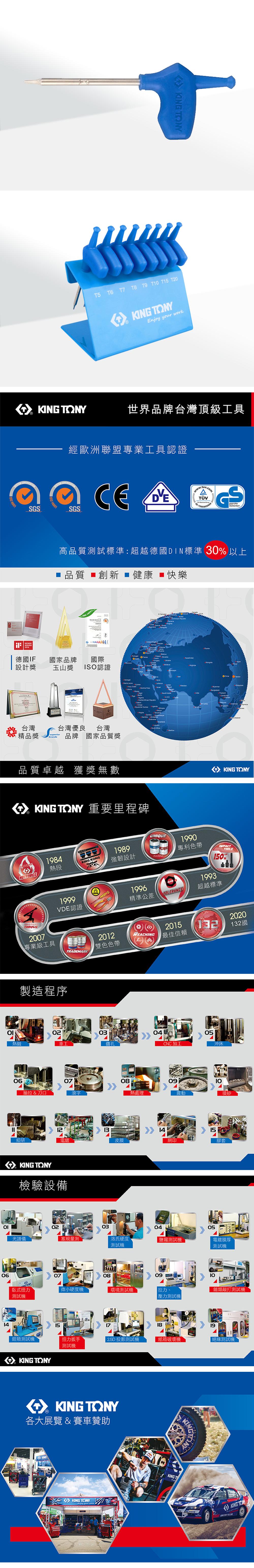 ONYT5 T6 T7 T8 T9 T T T20 TONYEnjoy your workKING TONY世界品牌台灣頂級工具經歐洲聯盟專業工具認證SY STE  0614SicherheitSGSSGSAWARD2016高品質試標準:超越德國DIN標準 30 以上品質 創新  健康 ■快樂 14001德國IF設計獎國家品牌國際玉山獎ISO認證M台灣精品獎台灣優良台灣brnds品牌 國家品質獎a    O          品質卓越 獲獎無數 TONY 重要里程碑MASTERSTORQUE1984熱段  KING TONYKING KONG1989強韌設計UNIQUEPATENT1990專利色帶1999VDE認證2007專業級工具TRADEMARK1996精準公差TOLERANCETOOLS150%1993超越標準2012201520REACHING2雙色色帶最佳信賴132國製造程序02030405熱鍛車工鑽孔CNC加工沖床06抽拉 & 刀口070809熱處理震動噴砂1213 1415細研電鍍皮膜網印膠套KING TONY檢驗設備光譜儀02030405塞規量測 T洛氏硬度測試機鹽霧測試機電鍍膜厚測試機070809臥式扭力微小硬度機環境測試機測試機壓力測試機15 10類敲打測試機1819扭力扳手2.5D 投影測試機紙箱機絕緣測試機鉗類測試機KING TONY測試機KING TONY各大展覽 & 賽車贊助KINGKING TONYKINGTKINGKING