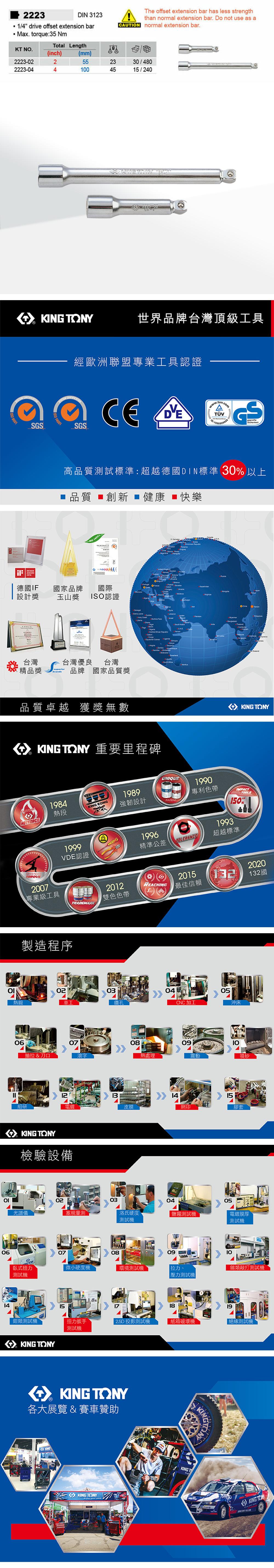 2223DIN 31231/4 drive offset extension barMax torque35 NmTotal LengthKT NO(inch)(mm)2223-2552223-0440245The offset extension bar has less strengththan normal extension bar. Do not use as aCAUTN normal extension bar./480/240 世界品牌台灣頂級工具經歐洲聯盟專業工具認證 14001SGS .GSSicherheit高品質測試標準:超越德國DIN標準 30 以上 品質 創新 健康 快樂30 14001  Sweden:AWARD2016德國IF國家品牌國際 設計獎玉山獎 ISO認證台灣精品獎S台灣優良 台灣品牌 國家品質獎品質卓越 獲獎無數         TONY 重要里程碑 KING TONYHOTFORGE1984熱段1999KING 1989強韌設計1996UNIQUEPATENTVDE認證精準公差TOLERANCE1990專利色帶1993TOOLS150%超越標準MASTERSTORQUE2007專業級工具製造程序TRADEMARK2012REAING雙色色帶2015最佳信賴0304熱鍛車工鑽孔CNC加工061406抽拉 刀口070809熱處理震動20202132國05沖床IO噴砂12131415細研電然皮膜網印膠套KING TONY檢驗設備02030405光譜儀塞規測洛氏硬度鹽霧測試電鍍膜厚測試機070809臥式扭力微小硬度機環境測試機拉力、測試機壓力測試機 測試機10類敲打測試機151819鉗類測試機扭力扳手 2.5D 投影測試機紙箱破壞機絕緣測試機測試機KING TONYKING TONY各大展覽&賽車贊助KINGKING TONYKINGTCH KONG