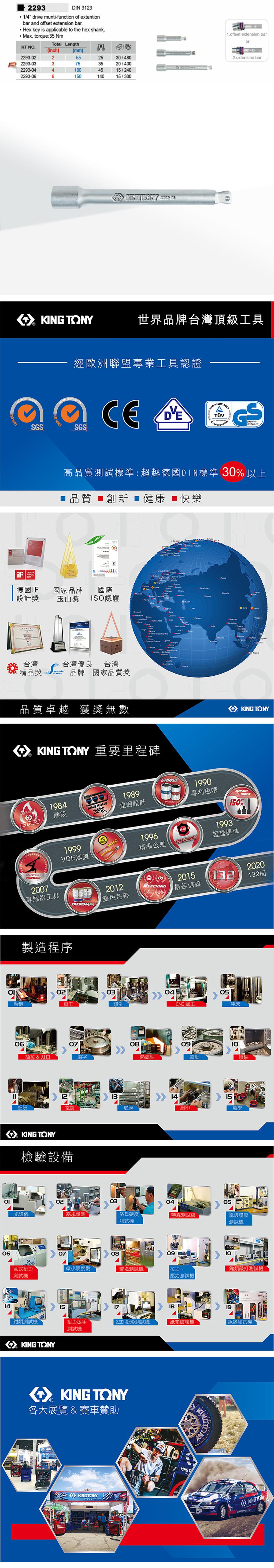 614 2293DIN 31231/4 drive munti-function of extentionbar and offset extension bar Hex key is applicable to the hex shankMax. torque35 NmTotal LengthKT N.(inch)2293-22293-0332293-0442293-066GS(mm)   25/4803520/4004515/24014015/300 Y1.offset extension baror2.extension bar TONY世界品牌台灣頂級工具經歐洲聯盟專業工具認證 www.uv.com.:SGS 14001高品質試標準:超越德國DIN標準 30 以上 品質 創新 健康 快樂30 14001 AWARD2016德國IF 國家品牌國際0%設計獎玉山獎 ISO認證台灣精品獎S台灣優良台灣brands品牌 國家品質獎品質卓越 獲獎無數          TONY 重要里程碑HOTFORGEMASTERSTORQUE1984熱段2007專業級工具O  KING TONYKING KONG1989強韌設計UNIQUEPATENT1990專利色帶1993TOOLS150%19991996VDE認證精準公差TOLERANCE超越標準製造程序TRADEMARK2020152012REACHING2132國最佳信賴雙色色帶020304熱鍛車工鑽孔CNC加工06抽拉 &刀口細研0708熱處理0905沖床震動噴砂12131415電鍍皮膜網印膠套KING TONY檢驗設備02030405光譜儀塞規量測洛氏硬度鹽霧測試電鍍膜厚測試機測試機臥式扭力測試機07微小硬度機0809環境測試機拉力、鎚類敲打測試機壓力測試機151819鉗類測試機扭力扳手2.5D 投影測試機紙箱破壞機絕緣測試機KING TONY測試機KING TONY各大展覽 & 賽車贊助KINGKING TONYKING T KING TON