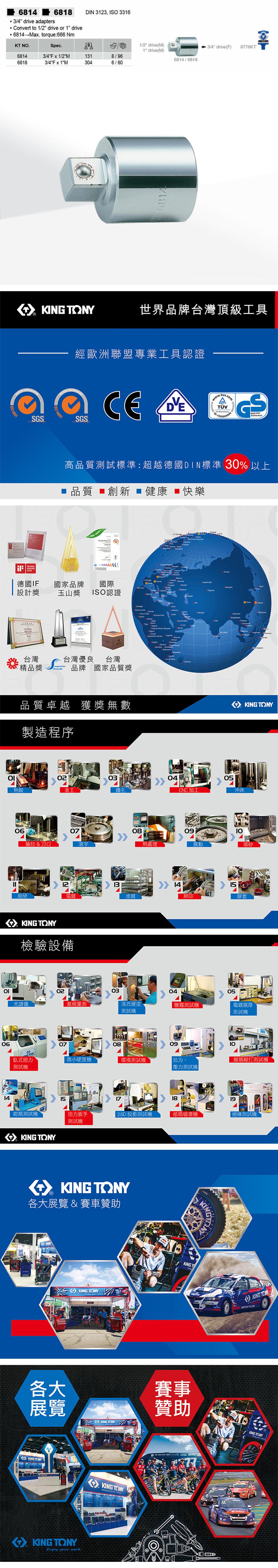 6814 6818 3/4 drive apters Convert to 1/2 drive or 1 drive6814→a. torque666 NmDIN 3123, I 3316KT N.Spec.1/2 drive(M)1 drive(M)68143/4 x 1/2M1318/966814/681868183/4M3046/60 6814 3/4 drive(F)8776KT Y世界品牌台灣頂級工具S經歐洲聯盟專業工具認證SYSTEM SO 14001SGSGS高品質試標準:超越德國DIN標準 30% 以上品質 ■創新 健康 ■快樂     : 201德國IF國家品牌國際設計獎玉山獎ISO認證台灣台灣優良 台灣精品獎brands品牌 國家品質獎品質卓越 獲獎無數製造程序Mongola one        Le 0304熱鍛車工鑽孔CNC加工0607抽拉&刀口滾字細研0812 皮膜 檢驗設備熱處理1409O da 05 Y沖床震動噴砂15網印膠套ΟΙ02030405光譜儀塞規量測洛氏硬度測試測試機電鍍膜厚測試機0614070809臥式扭力測試機微小硬度機環境測試機拉力、壓力測試機類測試機151819鉗類測試機扭力扳手2.5D 投影測試機紙箱破壞機絕緣測試機測試機 TONYKING TONY各大展覽 & 賽車贊助KING各大展覽KING TONYKING TONYKING TON KING TONYEnjoy your workKING TONYKING TONYKINGT KING TON 賽事贊助 TONY