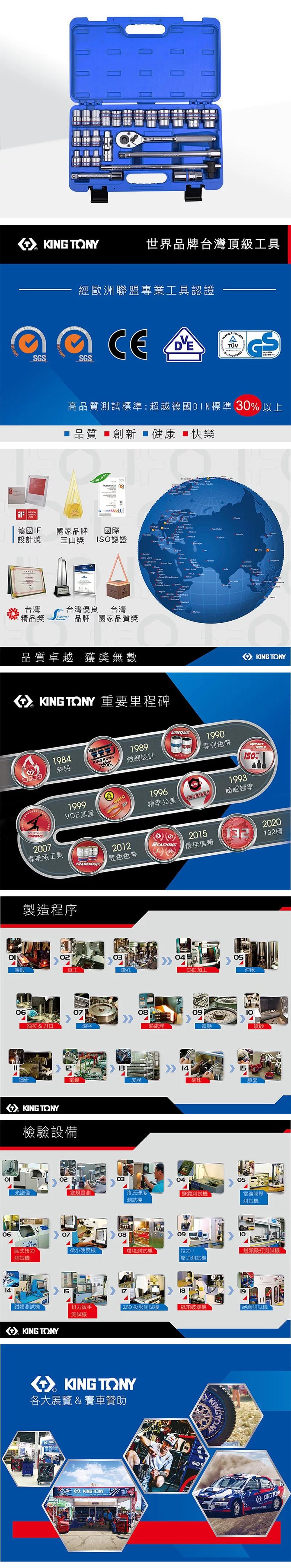 TNY世界品牌台灣頂級工具SGSAWARD2016 001經歐洲聯盟專業工具認證SGS 高品質標準:超越德國DIN標準 % 以上品質 創新 健康 ■快樂30 14001   德國IF國家品牌國際設計獎玉山獎ISO認證06台灣台灣優良台灣精品獎品牌 國家品質獎品質卓越 獲獎無數O  Coast        Y 重要里程碑 TONY1984熱段KING KONG1989強韌設計UNIQUEPATENTCLASS19991996VDE認證精準公差TOLERANCE1990專利色帶1993150%超越標準MASTERS2007專業級工具製造程序TRADEMARK2015202012REACHING2雙色色帶最佳信賴132國03熱鍛鑽孔1406抽拉&刀口081213細研皮膜KING TONY檢驗設備熱處理CNC加工051409沖床震動15網印喷砂膠套02030405光譜儀塞規量測洛氏硬度鹽霧測試電鍍膜厚測試測試070809臥式扭力測試機微小硬度機環境測試機拉力壓力測試機鎚類敲打測試機15171819鉗類測試機扭力扳手2.5D 投影測試機紙箱破壞機絕緣測試機測試機KING TONYKING TONY各大展覽 & 賽車贊助KINGKING TONYKING TKING KING TON