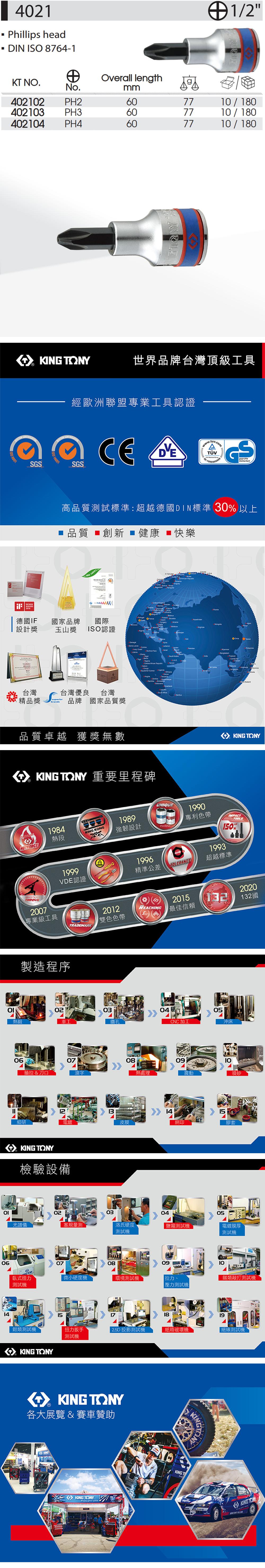 41 Phillips headDIN  8764-11/2Orall lengthKT NO.No.mm42PH260774023PH3607710/18010/180402104PH4607710 / 180ISO 00  TONY世界品牌台灣頂級工具SGSAWARD經歐洲聯盟專業工具認證 14001SGSCE Sicherheit高品質試標準超越德國DIN標準 30 以上 品質 創新健康快樂 140019    ve德國IF國家品牌國際 設計獎玉山獎ISO認證台灣台灣優良台灣: 精品獎brands品牌 國家品質獎06品質卓越 獲獎無數   O          TONY 重要里程碑HOTFORCEMASTERSMalaysia TONY1984熱段KING 1989強韌設計19991996VDE認證精準公差UNIQUEPATENTTOLERANCE1990專利色帶1993TOOLS150%超越標準TORQUE2007專業級工具TRADEMARK2012雙色色帶製造程序0203熱鍛車工鑽孔1406抽拉&刀口滾字0812細研電皮膜KING TONY檢驗設備20202015132132國REACHING最佳信賴熱處理04CNC加工051409沖床10震動喷砂15網印膠套02030405光譜儀塞規量測洛氏硬度測試鹽霧測試機電鍍膜厚測試機07080910臥式扭力微小硬度機環境測試機拉力、類敲打測試機測試機壓力測試機 1819扭力扳手 2.5D 投影測試機紙箱破壞機絕緣測試機鉗類測試機KING TONY15測試機 KING TONY各大展覽 & 賽車贊助KINGKING TONYKINGTKING KONG