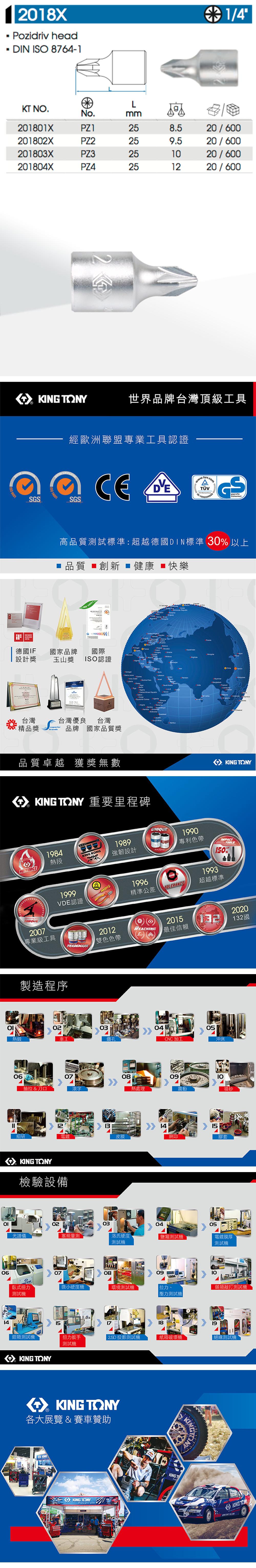 218X Pozidriv headDIN  8764-1 1/4LKT N.No.mm201801XPZ1258.520/6002018XPZ2259.520/600201803XPZ32520/600201804XPZ4251220/600 2  Y世界品牌台灣頂級工具經歐洲聯盟專業工具認證  SGSDESIGNAWARD2016O 14001SGS www.tuv.com高品質試標準:超越德國DIN標準 30 以上 品質 創新健康 快樂ISO 14001United    德國IF設計獎國家品牌國際0玉山獎 ISO認證台灣精品獎台灣優良台灣品牌國家品質獎Senegal Coast        品質卓越 獲獎無數 TONY 重要里程碑MASTERS1984熱段TORQUE2007專業級工具  TONY KONG1989強韌設計UNIQUEPATENT1990專利色帶1993TOOLS150%19991996VDE認證精準公差TOLERANCE超越標準TRADEMARK製造程序20152012REAING13220132國最佳信賴雙色色帶0203熱鍛車工鑽孔06抽拉&刀口07細研滾字0812 皮膜KING TONY檢驗設備熱處理04 05CNC加工沖床1409震動噴砂15網印膠套ΟΙ02030405光譜儀塞規量測洛氏硬度測試機測試機電鍍膜厚測試機0614070809臥式扭力微小硬度機環境測試機拉力、測試機壓力測試機鉗類測試機KING TONY1510類敲打測試機1819扭力扳手2.5D 投影測試機紙箱破壞機測試機KING TONY各大展覽 & 賽車贊助KINGKING TONYKINGT絕緣測試機CH KING TON