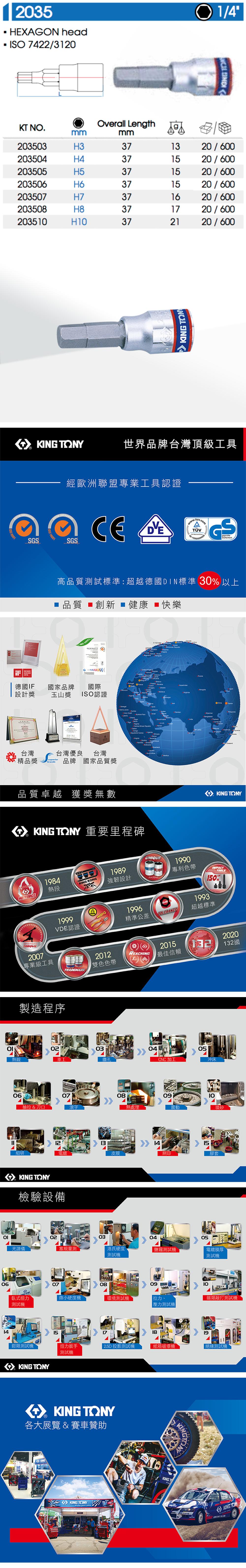 0614 HEXGON head  7422/31201/4 Overall LengthKT NOmmmm203503H33720/600203504H43720/600203505H5371520/600203506H6371520/600203507H7371620/600203508H8371720/6002035H10372120/600A   世界品牌台灣頂級工具經歐洲聯盟專業工具認證S14001 SGS GSSicherheit高品質試標準超越德國DIN標準  以上 品質 創新 健康 快樂30 14001  Sweden:AWARD2016德國IF國家品牌國際 設計獎玉山獎 ISO認證台灣精品獎S台灣優良 台灣品牌 國家品質獎品質卓越 獲獎無數HOTFORCE        TONY 重要里程碑MASTERSTORQUE20071984熱段1999VDE認證  TONYKING KONG1989強韌設計UNIQUEPATENT1990專利色帶TOOLS專業級工具TRADEMARK製造程序150%1993TOLERANCE超越標準1996精準公差2012201520REACHING132雙色色帶最佳信賴132國030405熱鍛車工鑽孔CNC加工沖床06070809抽拉  刀口熱處理震動IO12131415細研電然皮膜網印膠套KING TONY檢驗設備噴砂02030405光譜儀塞規測洛氏硬度鹽霧測試電鍍膜厚測試機測試機070809臥式扭力微小硬度機環境測試機拉力、測試機壓力測試機 10類敲打測試機151819鉗類測試機扭力扳手 2.5D 投影測試機紙箱破壞機絕緣測試機測試機KING TONYKING TONY各大展覽&賽車贊助KINGKING TONYKINGT  KING