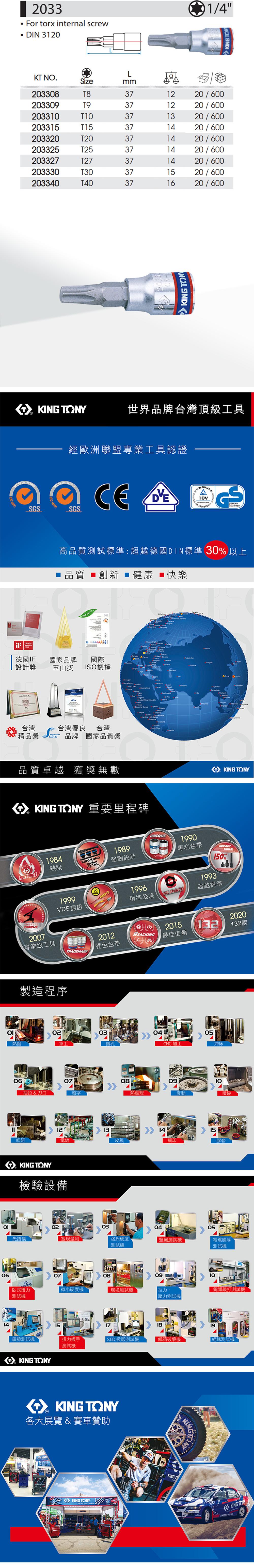 614 2033For torx internal screwDIN 31201/4LK NO.izemm203308T8371220/600203309T9371220/60020333720/600203315T15371420/600203320T20371420/600203325T25371420/600203327T27371420/600203330T30371520/600203340T40371620/600  TONY世界品牌台灣頂級工具經歐洲聯盟專業工具認證  SGSSGSSicherheitWARD2016高品質試標準:超越德國DIN標準 30 以上品質 創新  健康 ■快樂 14001    德國IF國家品牌國際0設計獎玉山獎 ISO認證台灣精品獎S台灣優良 台灣brands品牌 國家品質獎     Nga     品質卓越 獲獎無數 TONY 重要里程碑1984熱段MASTERSTORQUE1999VDE認證2007專業級工具TRADEMARKO Thaland  TONYKING KONG1989強韌設計UNIQUEPATENT1990專利色帶1996精準公差TOLERANCETOOLS150%1993超越標準2012201520REACHING132雙色色帶最佳信賴132國製造程序02030405熱鍛車工鑽孔CNC加工沖床06抽拉 & 刀口070809熱處理震動1213 1415細研電鍍皮膜網印膠套KING TONY檢驗設備光譜儀02030405塞規量測 T洛氏硬度測試鹽霧測試電鍍膜厚測試機070809臥式扭力微小硬度機環境測試機測試機噴砂壓力測試機  10類敲打測試機151819扭力扳手2.5D 投影測試機紙箱機絕緣測試機鉗類測試機KING TONY測試機KING TONY各大展覽 & 賽車贊助KINGKING TONYKINGTKING KING A KING TON