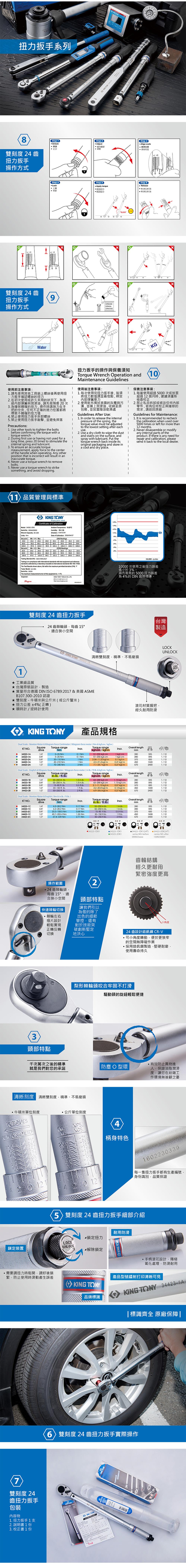 系列8Step Unock解讀打开雙  齒扭力操作方式 雙刻度 24 齒扭力扳手操作方式9WaterStep 4 Step 2Adju扭力設定Step 3 scale刻度准刻度FT Step 5Apply torque扭力扭力Step 6 ReleaseGREASEGRASAGRASSELCKKG扭力扳手的操作與保養須知rque Wrench Operation andMatenance Guideles0使用前注意事項 請先使用其他工具鎖上螺絲後再使用扭力扳手確認螺絲的扭力2 在初次使用或許久未用的狀況下為活內部彈簧與潤滑油請先做預壓  次3 為確保精確的扭力操作時請施力在手把的中央任何不正確的施力位置都將導致不精確的扭力值4禁止使用扭力扳手拆卸螺絲5禁止使用扭力扳手敲擊並避免使用後注意事項每次使用完扭力扳手後皆須將扭力數值調至最低點釋放內部彈簧壓力2 使用乾布擦拭表面的灰塵與污漬並噴上潤滑油收納至原包裝並放置陰涼乾燥處Guideles Aer Use n order to release the ternalpressure of the sprg thetorque value must e adjustedto the lowest setting aer eachuse2 Use a dry cloth to wipe the dust land stains on the surface andI保養注意事項每當使用超過5次或放置超過2個月時建議須重新檢查校正2禁止私自拆卸或修改任何內部零件若有任何校正與維修的需求請送回原廠Guidelines for Maintenance It  recommended to recheckthe calibration when used over5000 times or le for more than2 months2 Never disassemble or modifyany internal parts of theproduct If there is any need forPrecautions1 Use other tools to tighten the boltsbefore confirming the torque with atorque wrench2 During firstst use or having not used for along time, press 20 times to stimulate thespray with lubricant Put theIItorque wrench back inside itsrepair and calibration, pleasesend it back to the local dealerinternal spring and lubricant3 ToTo ensure an accurate torqueoriginal packaging and store ina cool and dry placemeasurement, apply force to the centerof the handle when operating Any otherposition that is incorrect will result in aninaccurate torque.4. Never use a torque wrench to removebolts.5. Never use a torque wrench to strikesomething, and avoid dropping.11品質管理與標準Model 3436200Serial No 1804620002 TON your Certificate of Ambient Temperature C43Humidity 2Wrench Capacity 2000 Direction Date of Calibration: 8041710%Set   Max Readings  100.0 2 Set point Max 1002   Readings1%  2%%60.2 6201100.0 103.0 20.0101.1 100.2  100.8 19.94%  Testing Standard No:  Testing is in compliance with International standards with test equipment and referencestandards calibrated by a laboratory traceable to International standards  17025The Test Results shown above, fall within the maximum permitted deviation YN: YTester Model: 001Serial No D026The maximum measurement  of  equipment is: %Inspector:RagenKONG   .雙刻度 24 齒扭力扳手24齒棘輪頭,每齒15°,適合狹小空間KING  344231A (10.000 10000次使用之後扭力誤差值小於3%.顯而易見的5000 扭力誤差為4%的 DIN 國際標準。 台灣製造LOCKUNLOCK雙刻度,精準不易磨損1工業級品質*台灣原裝設計、製造*質量符合德國 DIN ISO 6789:2017&美國 ASMEB107.300-2010 認證*雙刻度-牛頓米與公斤米(或公斤釐米)*扭力公差±4%(正轉)時計/逆時計使用KING TONY產品規格花材質握把經久耐用防滑KT NO.driveDual Scale - Newton Meter & Kilogram-force Centimeter / Kilogram-force meter (& / kgf.m)Square Torque rangeIncr.34223-1A5-25 Nm/Nm34323-1A5-25 Nm34323-2A34423-1A34423-2A1/21/220-110 Nm42-210 Nm70-340 Nm0.1 Nm.1 Nm1 Nm3 NmTorque range / kgf.m51-255 kgf.cm51-255 kgf.cm2.04-11.22 kgf.m4.321.4kgf.m7.1-34.7 kgf.mIncr.Overall lengthmm1 kgf.cm2805951/121 kgf.cm2805951/120.41 kgf.m0.27 kgf.m3704508201/12570134024001/121/12Dual Scale-English & Kilogram-force Centimeter/Kilogram-force meter (in.. & kgf.cm/kgf.m)Torque rangekgf.cm /kgf.m63-288 kgf.cm63-288 kgf.cm2.1-11.10kgf.m4.220.8 kgf.m6.9-34.6kgf.mKT NO.SquareTorque rangedriveIncr.in. /. 34223-181/434323-1834323-2834423-1834423-283/83/81/255-250 in. 55-250 in. 15-80 ft.    ft. b.1 2 30-150 ft. 50-250 ft. lb.Dual Scale-Newton Meter & English (Nm & in.)Incr.Overall lengthmm1.13 kgf.cm1.13 kgf.cm2805951/122805951/120.07 kgf.m3708201/120.14 kgf.m0.27 kgf.m450570134024001/121/12KT NO.SquareTorque rangeIncr.driveNm34223-1C1/434323-1C3/86.2-28.2Nm6.2~28.2Nm34323-2C34423-1C3/81/220.3-108.5 Nm40.7-203.4 Nm0.17 Nm0.17 Nm0.68 Nm1.35 NmTorque rangein. lb./ ft. lb.55-250 55-250 15-80 .30-150 Incr.1 in. b.1 Overall lengthmm2805951/122805951/120.5 3708201/121 45034423-2C1/267.8-339 Nm2.71 Nm50-250 2 ft.lb570165824001/121/1200034223-1DK134323-1DK134323-2DK134423-1DK1(24T)34423-3DK(24T)-series NO. before-series NO. after1309230001齒輪結構經久更耐用緊密強度更高操作範圍24齒棘輪頭.每齒15°適合狹小空間|快速棘輪切換棘輪左右撥片設計輕鬆實現正轉反轉2頭部特點讓我們引以為傲的除了出色的細節管控,還有對於技術突破創新堅定地決心24 齒設計釩鋼 CR-V小角度小角度轉動,便於更狹窄的空間無障礙作業採用鉻釩鋼製造,堅硬耐磨,使用壽命持久3頭部特點千次萬次之後的精準梨形棘輪頭咬合牢固不打滑驅動頭的旋鈕輕鬆便捷有效防止異物進就是我們對您的承諾防塵 O型環,保證油脂潤滑度,讓您在紛雜工作環境無後顧之憂清晰刻度 清晰雙刻度,精準、不易磨損牛頓米單位刻度公斤單位刻度TORQUES-METER(M. KPS)KGS.4柄身特色20 12116022303392012每一隻扭力扳手都有生產編號,身份識別,品質保證5雙刻度 24 齒扭力扳手細部介紹鎖定扭力耐用防滑LOCK鎖定裝置UNLOCK解除鎖定,需要調扭力時鬆開,調好後鎖緊,防止使用時滑動產生誤差422 KING TONY·手柄滾花設計,陽極氧化處理,防滑耐用產品型號鐳射打印清晰可見KING TONYKING TONY 34423-1A/品牌標識|標識齊全 原廠保障|6 雙刻度24齒扭力扳手實際操作7雙刻度 24齒扭力扳手包裝內容物1. 扭力扳手1支2.說明書1份3. 校正書1份KING TONY-WRENCH