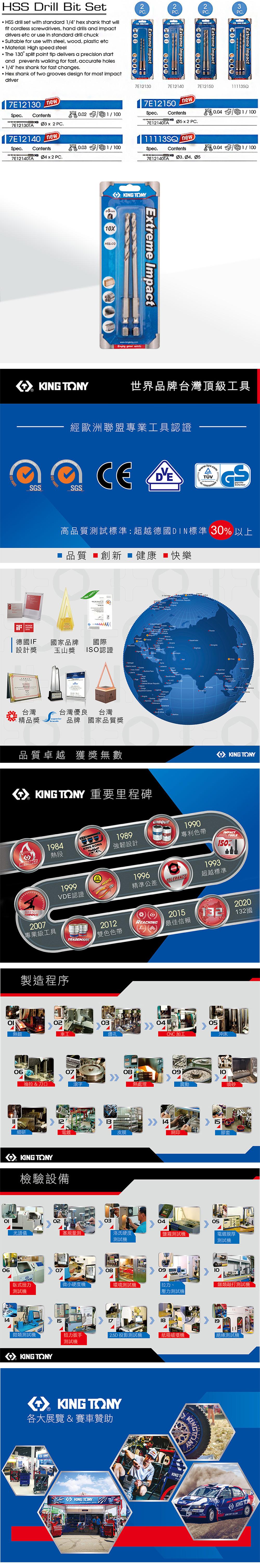 PHSS Drl Bit Set HSS drill set with standard /4 he shank that willfit cordless screwdrivers hand drills and impactdrivers etc or use  standard drill chuckSuitable for use with steel, wood, plastic etcMaterial High speed steel 130° split point tip delivers a precision startand prevents walking for fast, accurate holes1/4 hex shank for fast changes Hex shank of two grooves design for most impactPC.Extreme Impactdriver7E12130 newSpec. Contents7E12130A0.1Ø3x2 PC.7E12140 newSpec. Contents7E12140TA Ø4 x 2 PC.0.03 1/0  Y C 900SGSmmHSS-COExtreme Impact7E121307E12140PC.Extreme ImpactPC.Extreme Impact7E12150 7E12150Spec.newContentsX7E12140TA Ø52 PC.11113SQ newSpec. Contents7E12140TA . 05 TONYExtreme Impact your 1/00.04 1/100世界品牌台灣頂級工具經歐洲聯盟專業工具認證  14001SGSCE10Sicherheit高品質測試標準:超越德國DIN標準 30% 以上■ 品質 ■創新健康 快樂 14001   ilDESIGN德國IF國家品牌國際 設計獎玉山獎 ISO認證         台灣: 精品獎台灣優良 台灣brands品牌 國家品質獎品質卓越 獲獎無數 TONY 重要里程碑HOTFORGE1984熱段KING KONG1989強韌設計1999VDE認證MASTERS2007專業級工具TRADEMARK製造程序熱鍛UNIQUEO  1990KING TONY專利色帶TOOLS150%19931996精準公差 超越標準2012201520REACHING132132國雙色色帶最佳信賴02ལ་030405鑽孔CNC加工沖床0607抽拉&刀口081213細研電鍍皮膜06KING TONY檢驗設備熱處理091410震動噴砂15 T膠套02030405光譜儀塞規量測洛氏硬度鹽霧測試機電鍍膜厚測試機測試機07080910臥式扭力微小硬度機環境測試機拉力、類敲打測試機測試機壓力測試機14151819鉗類測試機扭力扳手2.5D 投影測試機紙箱破壞機「測試機測試機KING TONY KING TONY各大展覽 & 賽車贊助KINGKING TONYKINGKINGTKING TON