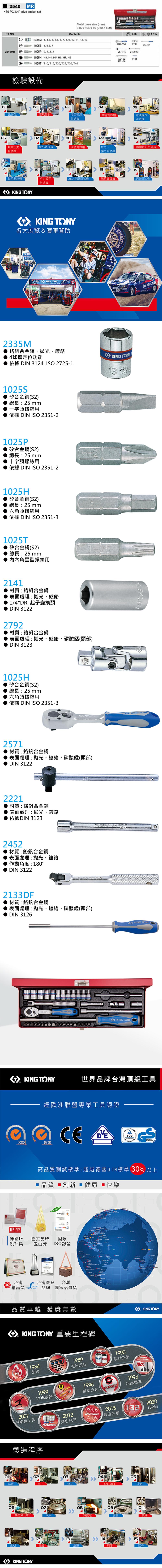 25MR39 PC/4 drive socket setMetal case size (m)316x4x40 (0.047 cuft)KT N.Contents1.362335M 4 4.5 5  6 7 8 9, , 11, 12, 13 4, 5.5, 72779-55G27922133DF2540MRP 0, 1, 2, 32571-45 2452-05F15H H3, H4, H5, H6, H7, H82221-022221-06214125T T10, T15, T20, T25, T30, T40檢驗設備02030405光譜塞規量洛氏硬度鹽霧測試電鍍膜厚測試測試機0607080910臥式扭力微小硬度機環境測試機拉力類敲打測試機測試機壓力測試機 1415171819鉗類測試機扭力扳手2.5D 投影測試機紙箱破壞機絕緣測試機測試機  TONY各大展覽賽車贊助2335M TONYKINGT釩合金鋼,,鍍鉻4球槽定位功能KING TONY依據 DIN 3124, I 2725-11025S矽合金鋼(S2)總長25 mm一字頭螺絲用依據 DIN  2351-21025P矽合金鋼(S2)總長:25 mmPH2十字頭螺絲用依據 DIN ISO 2351-21025H矽合金鋼(S2)總長:25 mm六角頭螺絲用依據 DIN ISO 2351-31025T矽合金鋼(S2)總長:25 mm內六角星型螺絲用2141材質:鉻釩合金鋼表面處理:、鍍鉻1/4DR. 起子變換頭DIN 31222792材質:鉻釩合金鋼表面處理:拋光、鍍鉻、磷酸錳(頭部)DIN 31231025H矽合金鋼(S2)總長:25 mm六角頭螺絲用依據 DIN ISO 2351-32571材質:鉻釩合金鋼表面處理:拋光、鍍鉻、磷酸錳(頭部)DIN 31222221材質:鉻釩合金鋼表面處理:拋光、鍍鉻依據DIN 31232452材質:鉻釩合金鋼表面處理:拋光、鍍鉻作動角度:180°DIN 31222133DF材質:鉻釩合金鋼表面處理:拋光、鍍鉻、磷酸錳(頭部)DIN 3126KING KING TONYKING KING TONY KING TONY TONY世界品牌台灣頂級工具TEM AWARD2016S SO 14001經歐洲聯盟專業工具認證CE.10:GSSGS高品質測試標準:超越德國DIN標準 30% 以上品質創新健康 快樂ISO 14001 德國IF國家品牌國際設計獎玉山獎 ISO認證台灣台灣優良台灣: 精品獎brands品牌 國家品質獎品質卓越 獲獎無數   Ghana       ↔ KING TONY 重要里程碑HOTFORCEMASTERS1984熱段1999VDE認證KING KONG1989強韌設計2007專業級工具TRADEMARK20121雙色色帶製造程序UNIQUEPATENT1990專利色帶1996精準公差TOLERANCE O KING TONYTOOLS150%1993超越標準2015132REACHING最佳信賴02030405熱鍛鑽孔CNC加工沖床0607抽拉 & 刀口12細研KING TONY滾字m皮膜08熱處理0910震動喷砂1415網印膠套2020132國