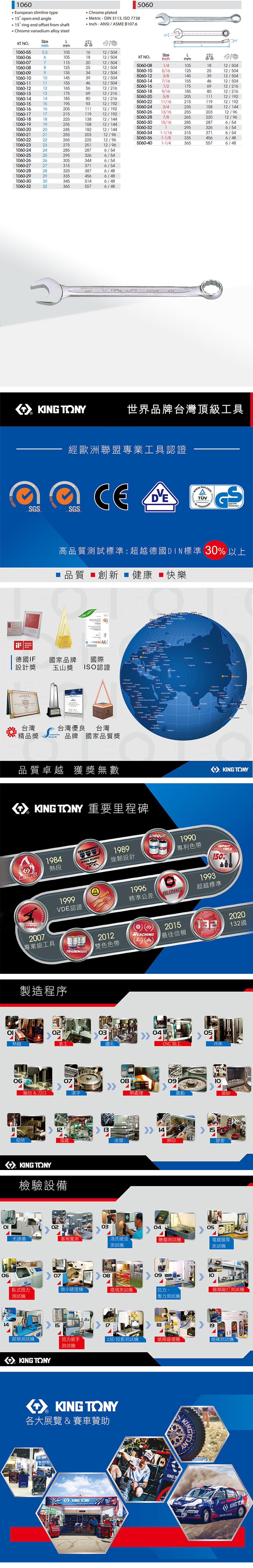 Euroean slimline type open end angle15 ring end offset from shaft Chrome vanadium alloy steelChrome plated5060Metric  DIN 31,  7738 ANI/ASME B7615L15K NOmmmm60-555.51051612/504L1060-0661051812/504KT NO.inchmm1060-0771152012/5045060-081/41051812/5041060-0881252512/5045060-105/161252512/5041060-091353412/5045060-123/81453912/5041060-101060-111060-121060-131060-141060-151060-161060-171060-181060-191060-201060-211060-221060-231060-241060-251060-261060-271060-281060-291060-301060-321453912/5045060-147/161554612/5041554612/5045060-161/21756912/2161655612/2165060-181756912/2169/161858012/2165060-205/820511112/1921858012/2165060-2211/1621511912/1921959312/1925060-243/423515812/14420511112/1925060-2621511913/1625520312/9612/1925060-287/826522012/9622513812/1445060-3023515812/14415/162852876/545060-322953266/5424518212/1445060-341-1/163153716/5425520312/965060-361-1/83354566/4826522512/965060-401-1/43655576/4827525112/962852876/542953266/543053446/543153716/543253876/483354566/483455146/483655576/48  106020 TONY世界品牌台灣頂級工具經歐洲聯盟專業工具認證  SGSSGS Sicherheit高品質試標準超越德國DIN標準 30 以上品質 創新  健康 ■快樂ISO 14001    :AWARD2016德國IF國家品牌國際0設計獎玉山獎 ISO認證p台灣精品獎S台灣優良 台灣brands品牌 國家品質獎     Nga     品質卓越 獲獎無數 TONY 重要里程碑1984熱段MASTERSTORQUE1999VDE認證O Thaland  TONYKING KONG1989強韌設計UNIQUEPATENT1990專利色帶2007專業級工具TRADEMARK製造程序熱鍛車工06抽拉 & 刀口071996精準公差TOLERANCE2012REACHING雙色色帶1403鑽孔08042015最佳信賴TOOLS150%1993超越標準2020132132國05CNC加工沖床0910熱處理震動1213 1415細研電鍍皮膜網印膠套KING TONY檢驗設備光譜儀02030405塞規量測 T洛氏硬度測試鹽霧測試電鍍膜厚測試機070809臥式扭力微小硬度機環境測試機測試機壓力測試機  10類敲打測試機151819扭力扳手2.5D 投影測試機紙箱機絕緣測試機鉗類測試機KING TONY測試機KING TONY各大展覽 & 賽車贊助KINGKING TONYKINGTKING KING