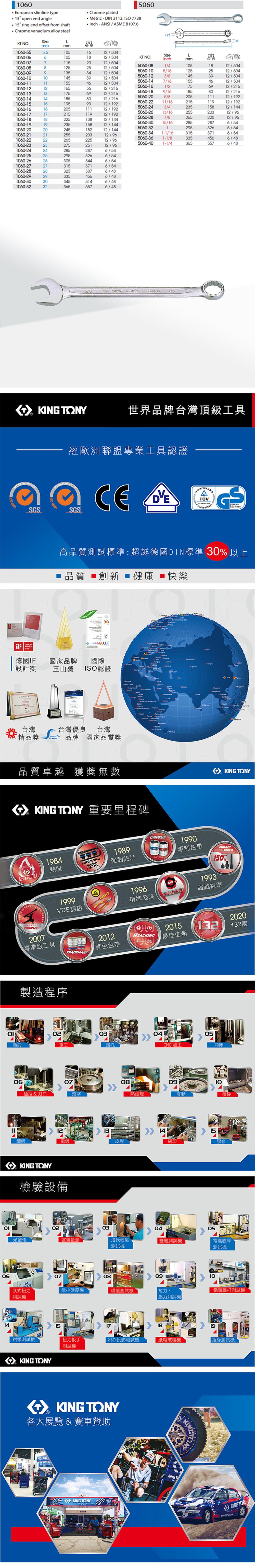 ΟΙ  Euroean slimline type open end angle15 ring end offset from shaft Chrome vanadium alloy steelChrome plated5060Metric  DIN 31,  7738 ANI/ASME B107615L15KT NOmmmm-555.51051612/504L1060-0661051812/504KT NO.inchmm1060-0771152012/5045060-081/41051812/5041060-0881252512/5045060-105/161252512/5041060-091353412/5045060-123/81453912/5041060-101060-111060-121060-131060-141060-151060-161060-171060-181060-191060-201060-211060-221060-231060-241060-251060-261060-271060-281060-291060-301060-321453912/5045060-147/161554612/5041554612/5045060-161/21756912/2161655612/2165060-181756912/2169/161858012/2165060-205/820511112/1921858012/2165060-2211/1621511912/1921959312/1925060-243/423515812/14420511112/1925060-2621511913/1625520312/9612/1925060-287/826522012/9622513812/1445060-3023515812/14415/162852876/545060-322953266/5424518212/1445060-341-1/163153716/5425520312/965060-361-1/83354566/4826522512/965060-401-1/43655576/4827525112/962852876/542953266/543053446/543153716/543253876/483354566/483455146/483655576/48  106020 Y世界品牌台灣頂級工具經歐洲聯盟專業工具認證  SGSSGS Sicherheit高品質試標準超越德國DIN標準 30 以上品質 創新  健康 ■快樂ISO 14001    :AWARD2016德國IF國家品牌國際0%設計獎玉山獎 ISO認證p台灣精品獎S台灣優良 台灣brands品牌 國家品質獎     Nga     品質卓越 獲獎無數  TONY 重要里程碑MASTERSO Thaland  TONY1984熱段KING KONG1989強韌設計UNIQUEPATENT1999VDE認證1996精準公差CLASSTOLERANCE1990專利色帶1993TOOLS150%超越標準TORQUE2007專業級工具製造程序TRADEMARK2012201520REACHING132132國雙色色帶最佳信賴02030405熱鍛車工鑽孔CNC加工沖床0607抽拉 & 刀口滾字081213細研電鍍皮膜KING TONY檢驗設備光譜儀02塞規量測熱處理 1409震動喷砂15網印膠套050304洛氏硬度測試機鹽霧測試機電鍍膜厚測試機0607080910臥式扭力微小硬度機環境測試機、類敲打測試機測試機壓力測試機151819鉗類測試機扭力扳手 2.5D 投影測試機紙箱破壞機絕緣測試機KING TONY測試機KING TONY各大展覽 & 賽車贊助KINGKING TONYKINGKING TKING TON