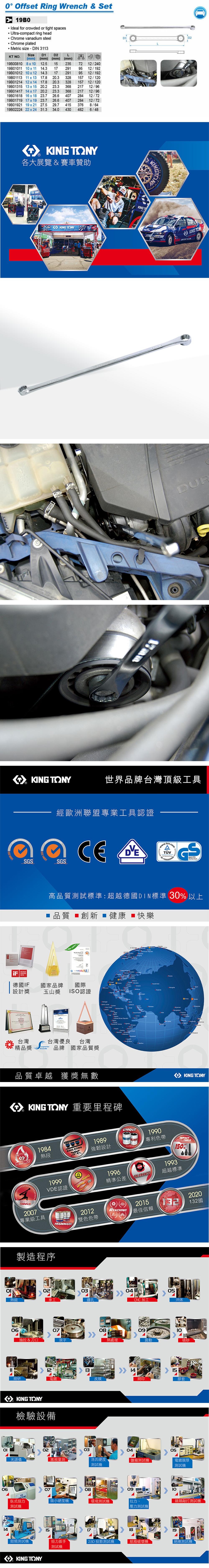 0614이熱鍛 0° Offset Ring Wrench & Set Ideal for crowded or tight spaces Ultra-compact ring head Chrome vanadium steel Chrome platedetric size-DIN31KT NO.Sizemm)D1D2L(mm)(mm) (mm)19B008 8 x 12.5152357212/24019B01011 10 x 1114.3172919512/19219B0101210 x 1214.3172919512/19219B01113 11 x 1317.820.3328 15712/12019B01214 12 x 1417.820.332815712/12019B01315 13 x 15 20.223.336821712/9619B01417 14 x 17 20.223.336821712/9619B0161816x1823.726.640728412/7219B01719 17 x 19 23.719B01921 19x2127.526.640728412/7229.7 415 376 8/6419B22422x2431.334.04304826/48® Y各大展覽 & 賽車贊助KINGKING TONYKING TONYKING TLKING TON 世界品牌台灣頂級工具經歐洲聯盟專業工具認證  SGS14001SGS MSicherheitAWARD高品質測試標準超越德國DIN標準 30% 以上品質 ■創新 健康 ■快樂 14001 (   德國IF國家品牌國際  設計獎玉山獎 ISO認證  台灣台灣優良 台灣: 精品獎brands品牌 國家品質獎       品質卓越 獲獎無數 KING TONY 重要里程碑MASTERSTORQUE1984熱段KING KONGUNIQUE1989強韌設計PATENT1990專利色帶1999VDE認證1996精準公差TOLERANCE2007專業級工具TRADEMARK2012雙色色帶製造程序REACHING2015最佳信賴Malaysia O KING TONYTOOLS150%1993超越標準132030405鑽孔CNC加工沖床0607080910抽拉&刀口滾字熱處理震動噴砂1213 1415細研電鍍皮膜網印膠套KING TONY檢驗設備020304光譜儀塞規量測洛氏硬度測試05鹽霧測試機電鍍膜厚070809臥式扭力微小硬度機環境測試機測試機壓力測試機10測試機2020132國鎚類敲打測試機151819鉗類測試機扭力扳手2.5D 投影測試機紙箱破壞機測試機測試機KING TONY