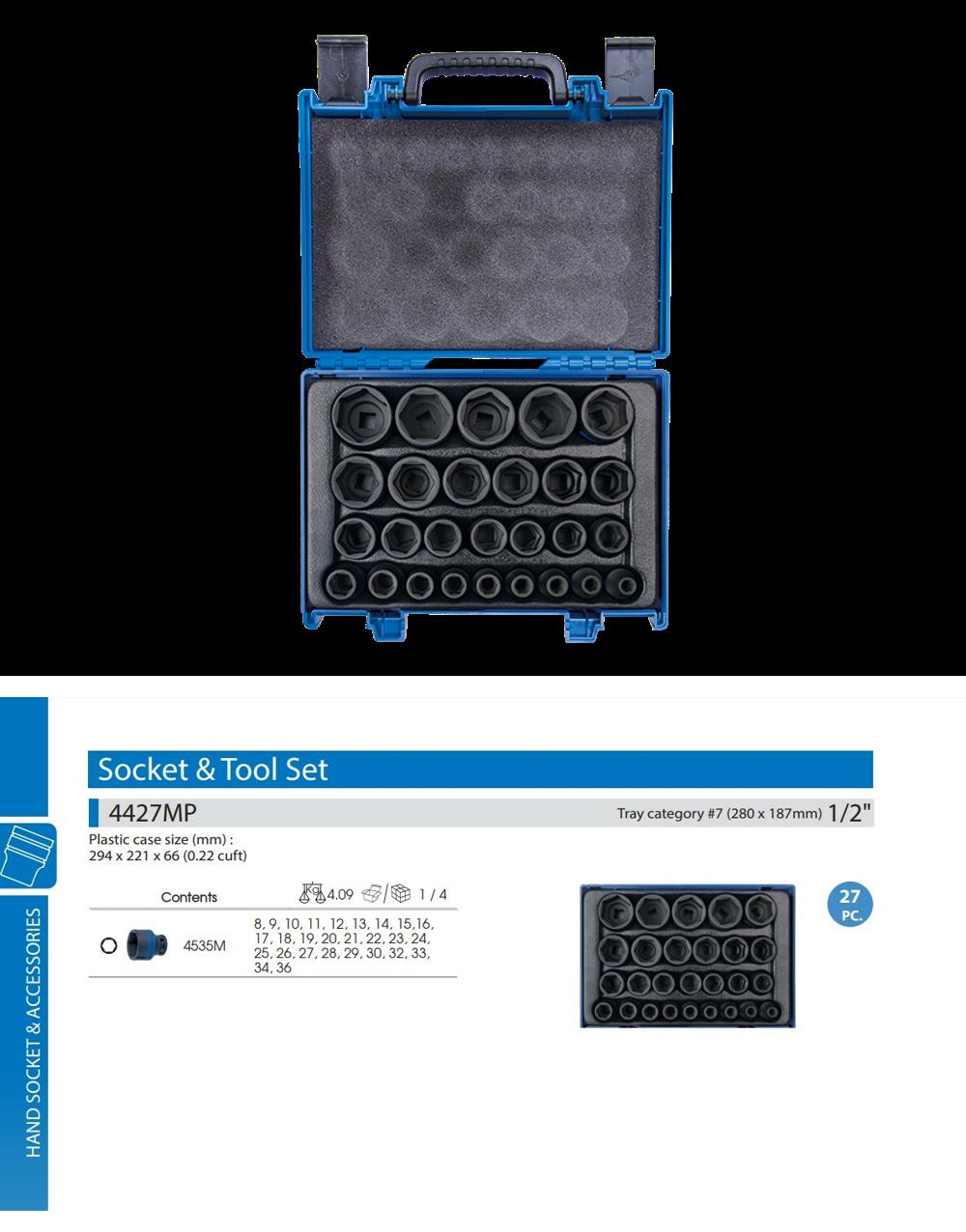 HAND SOCKET & ACCESSORIESSocket & Tool Set4427MPPlastic case size (mm)294  221  66 (0.22 cuft)Contents4535M4.09 1/48 9 10 11 12 13 14 15,16,17, 18, 19, 20, 21, 22, 23, 24,25, 26, 27, 28, 29, 30, 32, 33,34,36Tray category #7 (280  187mm) 1/227PC.