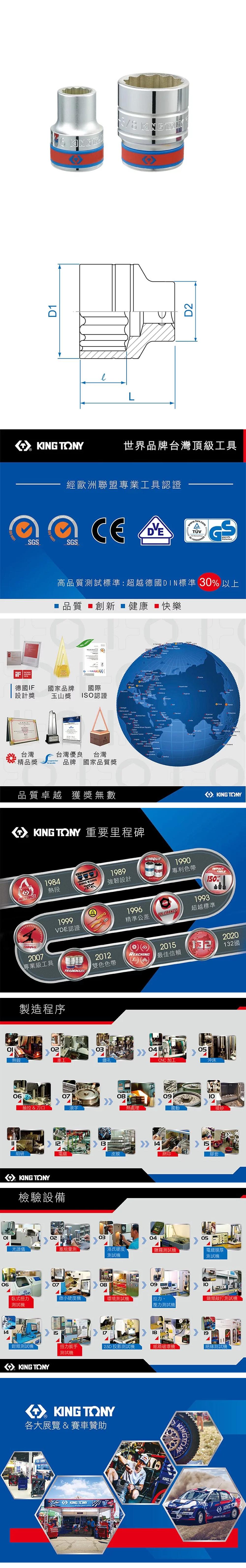 0614 900D1 LD2  TNY世界品牌台灣頂級工具 AWARD經歐洲聯盟專業工具認證 SGSSGSCE高品質測試標準超越德國DIN標準  以上 品質 創新健康快樂30 14001   德國IF國家品牌國際設計獎玉山獎 ISO認證台灣: 精品獎台灣優良 台灣品牌國家品質獎 O        品質卓越 獲獎無數KNG  重要里程碑HOTFORGE1984熱段KING KONG1989強韌設計MASTERSTORQUE2007專業級工具 KING YUNIQUEPATENTCLASS1990專利色帶TOLERANCE1993TOOLS0%超越標準19991996VDE認證精準公差製造程序TRADEMARK2012201520REACHING132132國雙色色帶最佳信賴0304熱鍛鑽孔0607抽拉  刀口08熱處理CNC加工0905沖床震動喷砂12B 1415細研皮膜網印膠套KING TONY檢驗設備02光譜儀臥式扭力測試07塞規量測030405洛氏硬度測試機測試機電鍍膜厚測試機0809微小硬度機環境測試機拉力壓力測試機類敲打測試機151819鉗類測試機扭力扳手2.5D 投影測試機紙箱破壞機絕緣測試機測試機KING TONYKING TONY各大展覽&賽車贊助KINGKING TONYKINGT KING TON